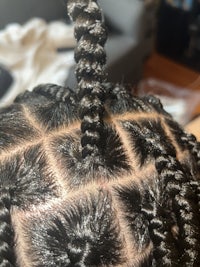 the back of a woman with braids in her hair