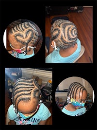 four pictures of a little girl with braids in her hair